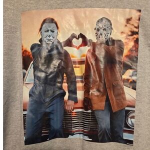 Graphic Tee Mens Large Gray Jason Michael Myers Heart Hands Sunset Selfie Horror